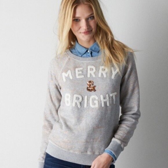 American Eagle | "Merry & Bright" Metallic Sequin Sweatshirt | X-Large - Picture 1 of 7